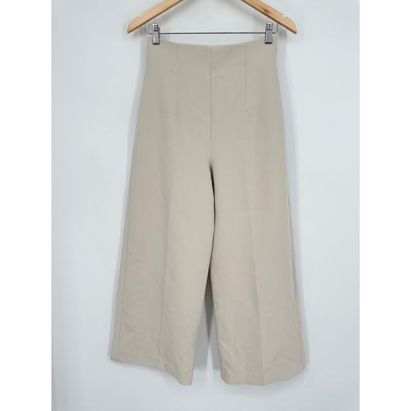 ZARA Super High Waist Wide Leg Pants Cropped Ankle Trouser Culottes, Cream - Picture 2 of 8